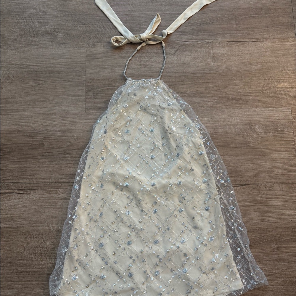 Lucy in the Sky Cream and Silver Mini Sequin Halter Dress